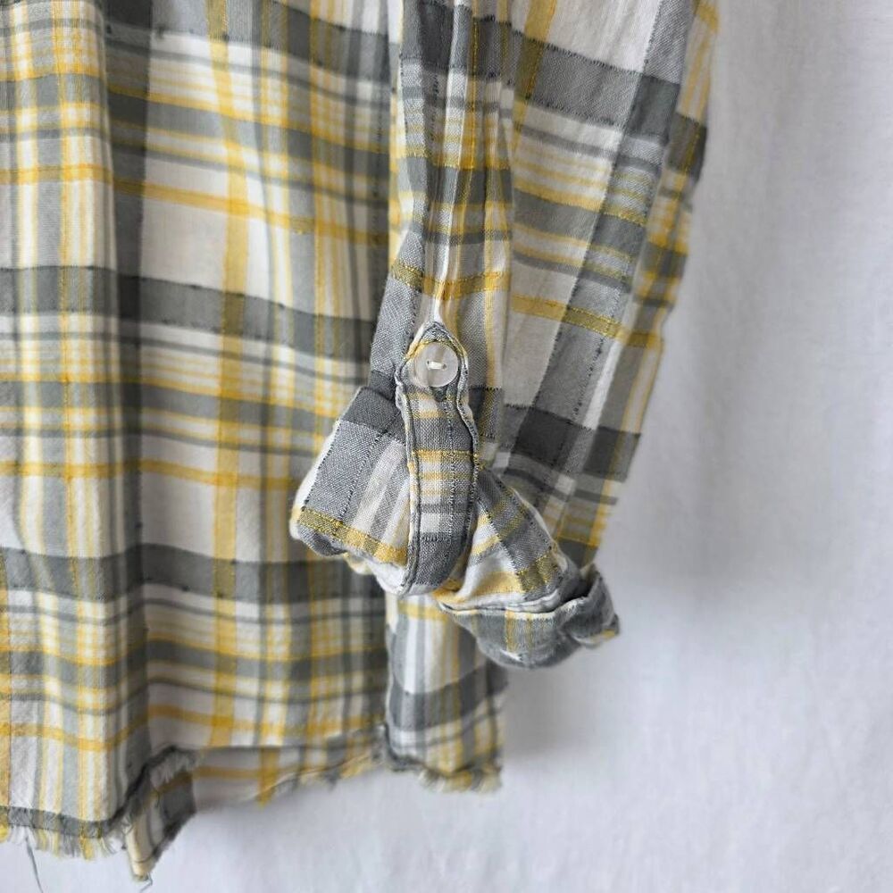 Maurices XL Yellow Gray Plaid Button Front Frayed Hem Shirt - Picture 4 of 11